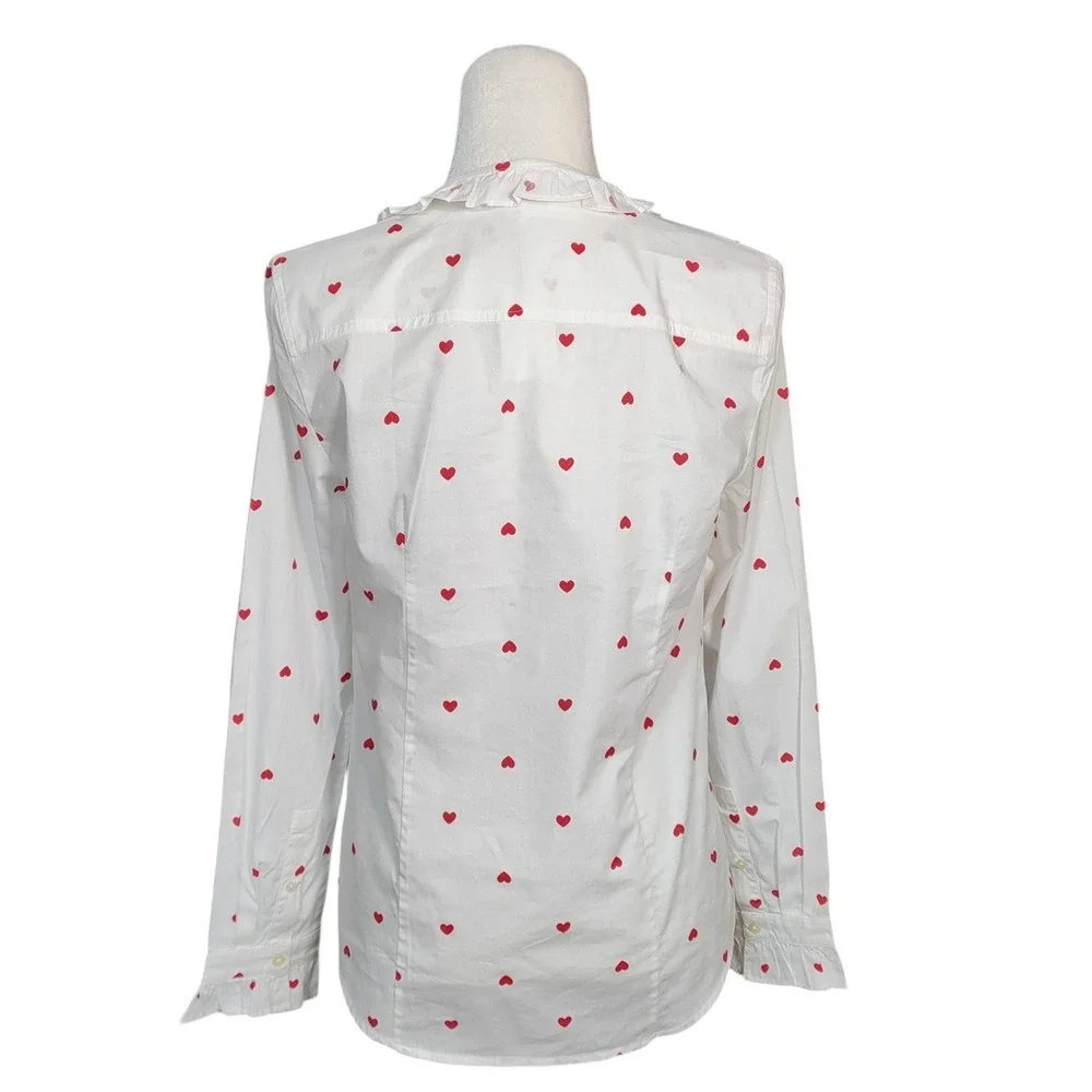 J. Crew NEW Heart Print Button Down Shirt White Ruffle Collar Cute Small NWT
